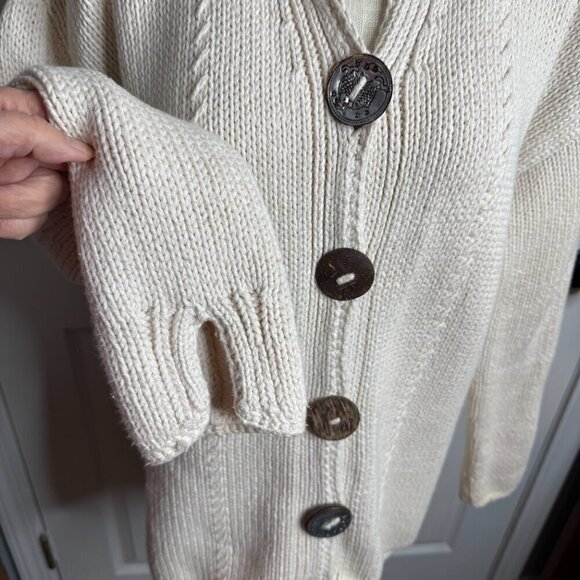 Pure Hand Knit Ivory Large Button Front Cotton Sweater Cardigan size L/XL - Picture 3 of 5